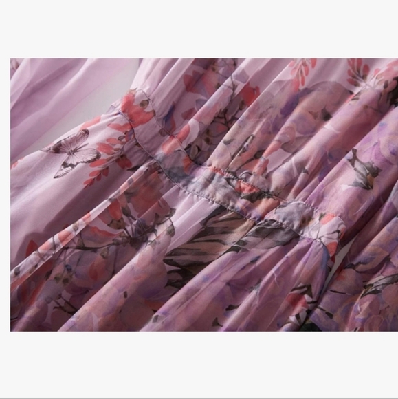 Feminine Fairycore Silk Floral and Butterfly Pastel Purple Whimsical Midi Dress - Picture 4 of 13